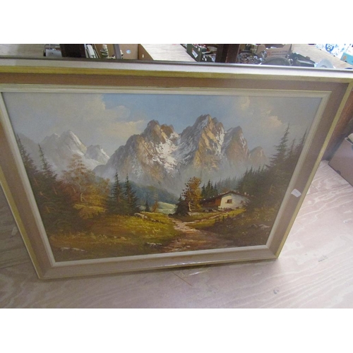 166 - FRAMED OIL ON CANVAS - ALPINE SCENE AND A PRINT