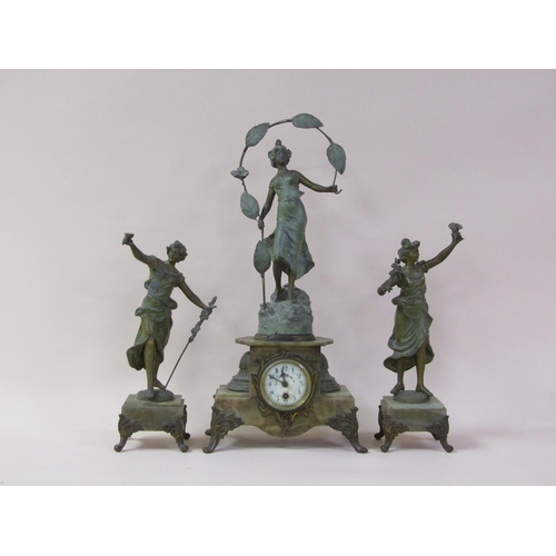 20 - A late 19c French garniture de cheminee comprising a central clock element surmounted by a female fi... 