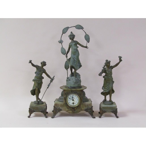 20 - A late 19c French garniture de cheminee comprising a central clock element surmounted by a female fi... 