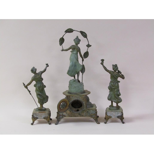 20 - A late 19c French garniture de cheminee comprising a central clock element surmounted by a female fi... 
