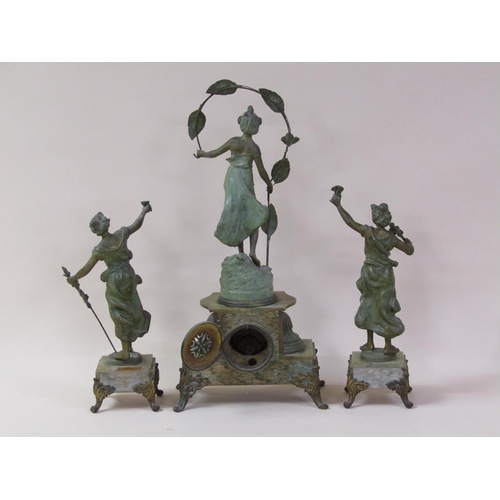 20 - A late 19c French garniture de cheminee comprising a central clock element surmounted by a female fi... 