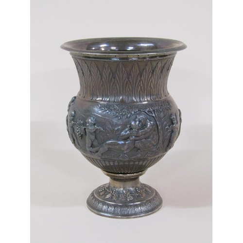 122 - A 19c Continental silver vase decorated with leaf and a band of mythical scenes, 12.7ozt, 13.5cm h.