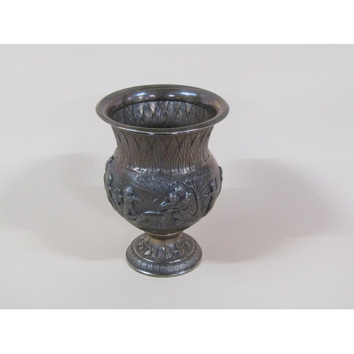 122 - A 19c Continental silver vase decorated with leaf and a band of mythical scenes, 12.7ozt, 13.5cm h.