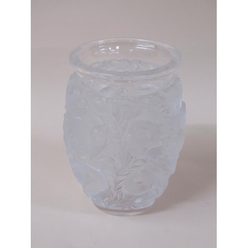 145 - A Lalique clear and frosted bird vase Bagatelle pattern, signed to base 'Lalique France', 18cm h.