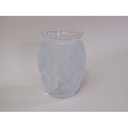 145 - A Lalique clear and frosted bird vase Bagatelle pattern, signed to base 'Lalique France', 18cm h.