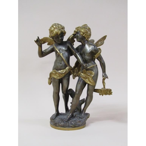 32 - A late 19c gilt metal and silvered French figure group of a cherub with an angel, a/f, 38cm h.