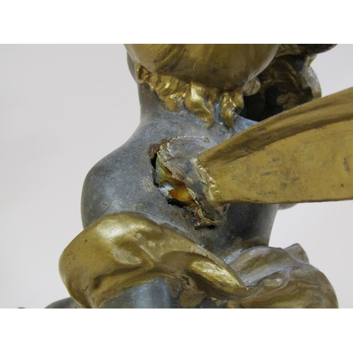 32 - A late 19c gilt metal and silvered French figure group of a cherub with an angel, a/f, 38cm h.