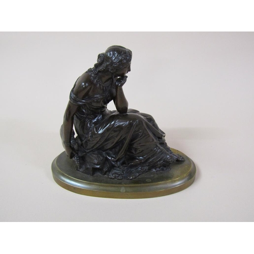 33 - A 19c patinated bronze figure of a seated classical lady, robed and accompanied by a lyre, on an ova... 