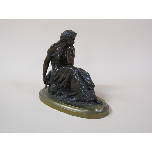 33 - A 19c patinated bronze figure of a seated classical lady, robed and accompanied by a lyre, on an ova... 