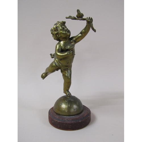 34 - A 19c gilt metal figure of a cherub holding two finches, 28cm h.