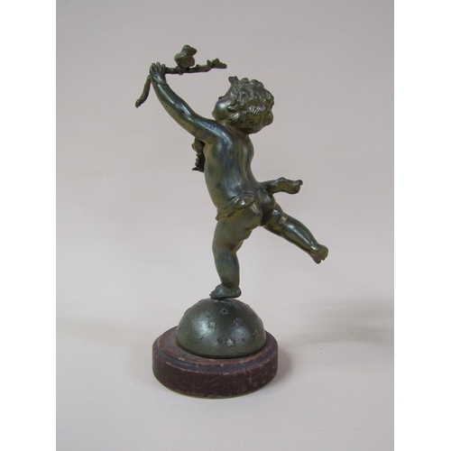 34 - A 19c gilt metal figure of a cherub holding two finches, 28cm h.