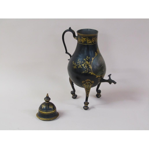 43 - An early 19c samovar in the form of a baluster metal jug with pouring spout, black lacquered and gil... 