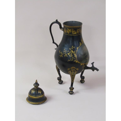 43 - An early 19c samovar in the form of a baluster metal jug with pouring spout, black lacquered and gil... 