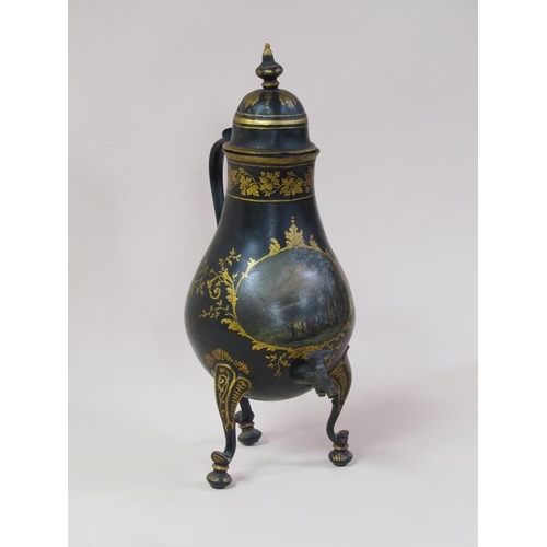 43 - An early 19c samovar in the form of a baluster metal jug with pouring spout, black lacquered and gil... 