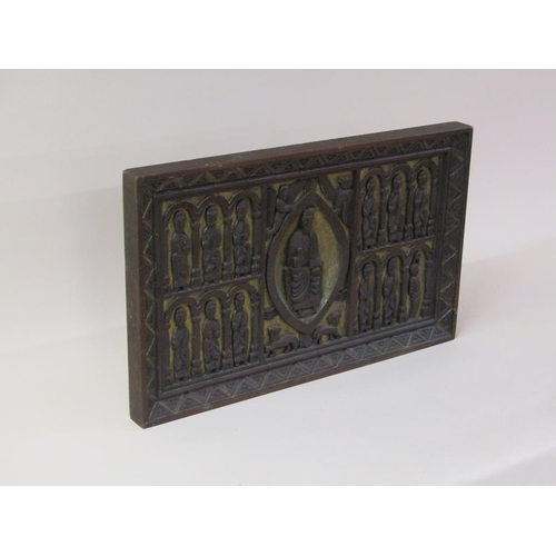 59 - A 19c carved and stained plaque with gilt highlights, Jesus and the twelve Apostles, 39cm x 63cm.