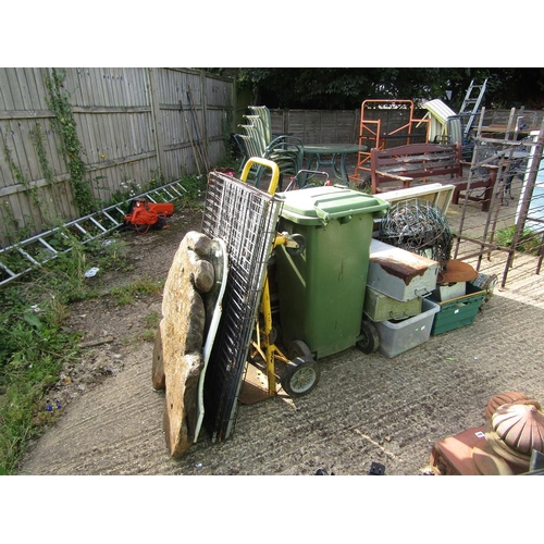 949 - WHEELIE BIN AND CONTENTS, FOLDING TRESSLE TABLES, SACK BARROW ETC