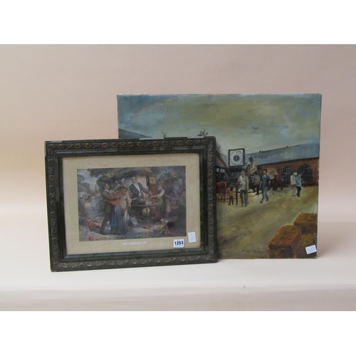 1253 - TWO PICTURES, ONE A COLOURED PRINT, AND ONE AN OIL ON CANVAS, THE CATTLE MARKET