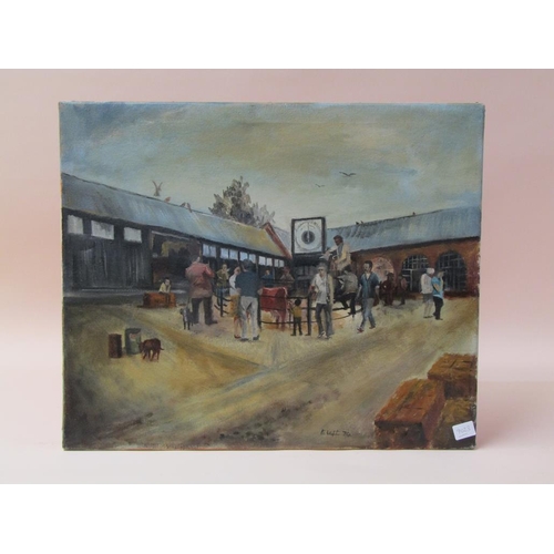 1253 - TWO PICTURES, ONE A COLOURED PRINT, AND ONE AN OIL ON CANVAS, THE CATTLE MARKET