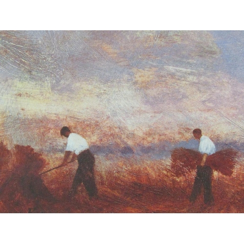 1263 - JOHN BOND - TWO FRAMED LIMITED EDITION PRINTS, HARVESTING AND FIGURES ON A BEACH, EACH 15 x 24 cms