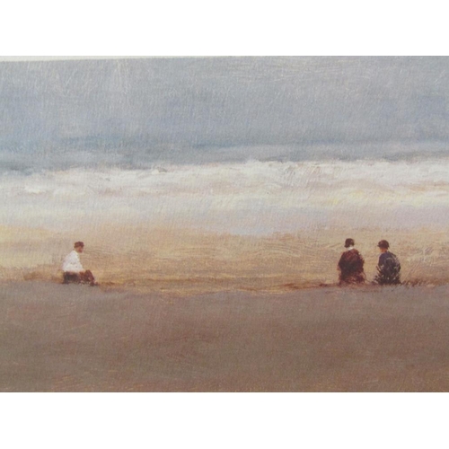 1263 - JOHN BOND - TWO FRAMED LIMITED EDITION PRINTS, HARVESTING AND FIGURES ON A BEACH, EACH 15 x 24 cms