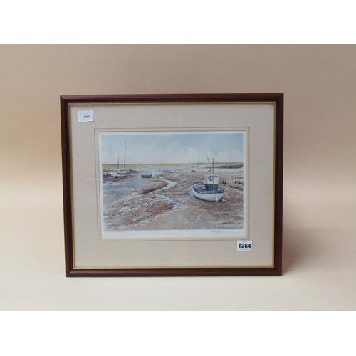 1264 - MARTIN SEHTON FRAMED COLOURED PRINT, MUDDY MOORINGS IN BRANCASTER, SIGNED .  22 x 30cms