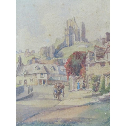 1200 - UNSIGNED, LATE 19c VILLAGE WITH RUINED CASTLE ON MOUND IN BACKGROUND, POSSIBLY CORFE CASTLE?  F/G 28... 