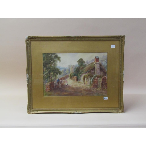 1201 - J MORTIMER 1917 - VILLAGE STREET WITH FIGURE RIDING A WORKING HORSE, TALKING TO A LADY.  SIGNED F/G ... 