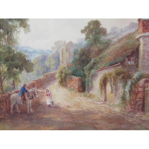 1201 - J MORTIMER 1917 - VILLAGE STREET WITH FIGURE RIDING A WORKING HORSE, TALKING TO A LADY.  SIGNED F/G ... 