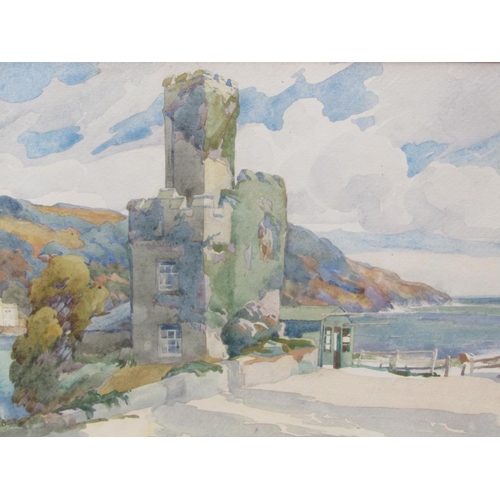 1202 - J H CRONSHAW, COASTAL SCENE WITH TOWER HOUSE.  SIGNED F/G 23 x 33 cms