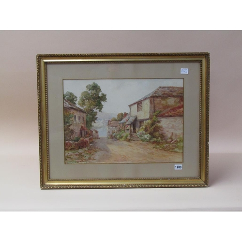 1203 - J MORTIMER - 19c COASTAL STREET SCENE WITH RIVER ESTUARY, SIGNED F/G 35 x 50 cms