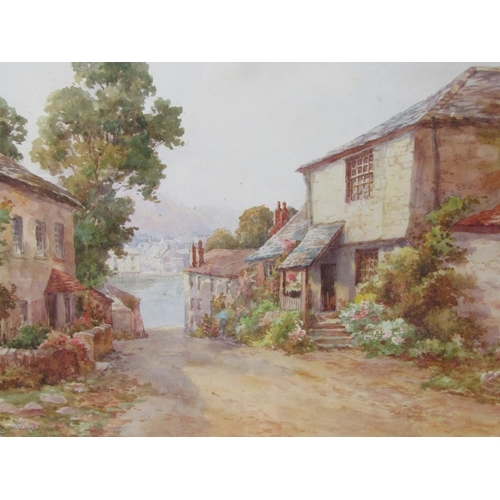 1203 - J MORTIMER - 19c COASTAL STREET SCENE WITH RIVER ESTUARY, SIGNED F/G 35 x 50 cms