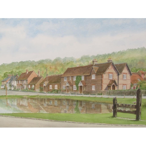 1204 - SIGNED INDISTINCTLY, ALDBURY VILLAGE POND.  WATERCOLOUR, F/G 28 x 96cms