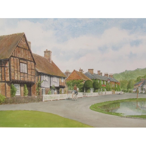 1204 - SIGNED INDISTINCTLY, ALDBURY VILLAGE POND.  WATERCOLOUR, F/G 28 x 96cms