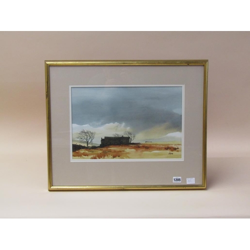 1205 - LOGAN, COASTAL LANDSCAPE WITH COTTAGE WATERCOLOUR.  F/G 27 x 40 cms