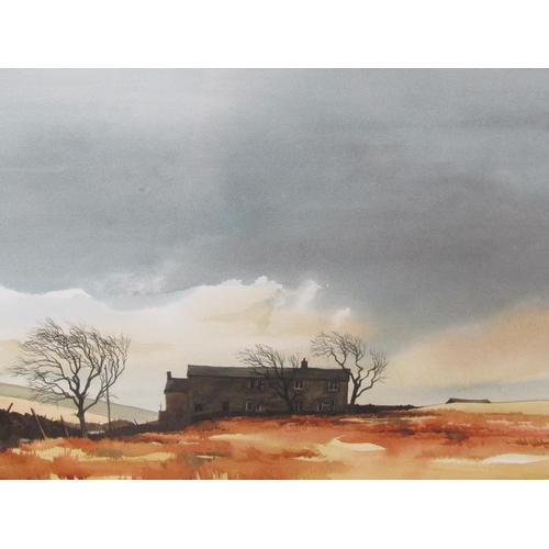 1205 - LOGAN, COASTAL LANDSCAPE WITH COTTAGE WATERCOLOUR.  F/G 27 x 40 cms