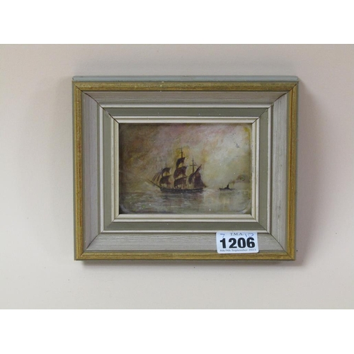 1206 - UNSIGNED, PAINTING ON TIN 3 MAST VESSEL AND TUG, FRAMED 7 x 10 cms