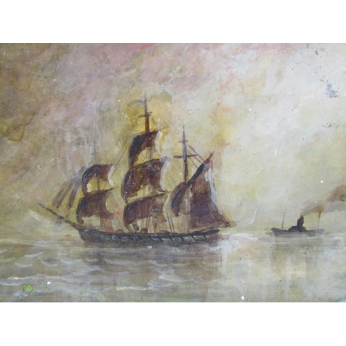 1206 - UNSIGNED, PAINTING ON TIN 3 MAST VESSEL AND TUG, FRAMED 7 x 10 cms