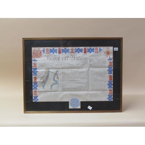 1212 - INDENTURE REFERRING TO LAND AT PRINCE ROCK QUARRY NEAR CAT WATER WITH SEAL, F/G 50 x 63 cms