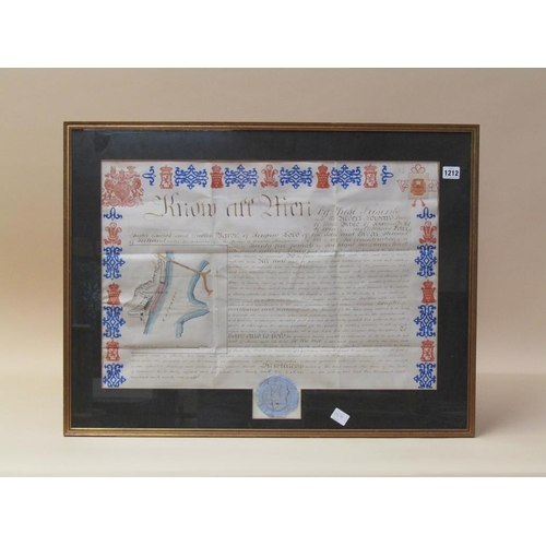 1212 - INDENTURE REFERRING TO LAND AT PRINCE ROCK QUARRY NEAR CAT WATER WITH SEAL, F/G 50 x 63 cms