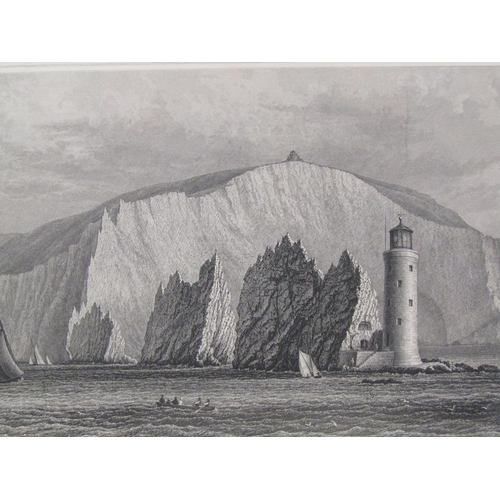 1213 - FRAMED BLACK AND WHITE PRINT - THE NEEDLE ROCKS AND LIGHTHOUSE, F/G 21 x 25cms