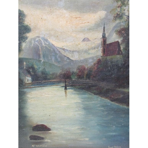 1214 - FRED ALLEN - MOUNT RAMSAV AND RIVER MAAS, c.1930 BOTH FRAMED OIL ON PANEL, 35 x 25 cms