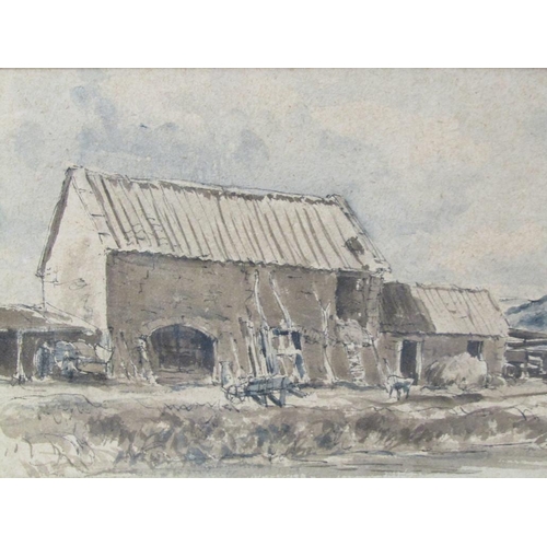 1218 - UNSIGNED LATE 19c FARM HOLDING.  WATERCOLOUR F/G 19 x 29 cms