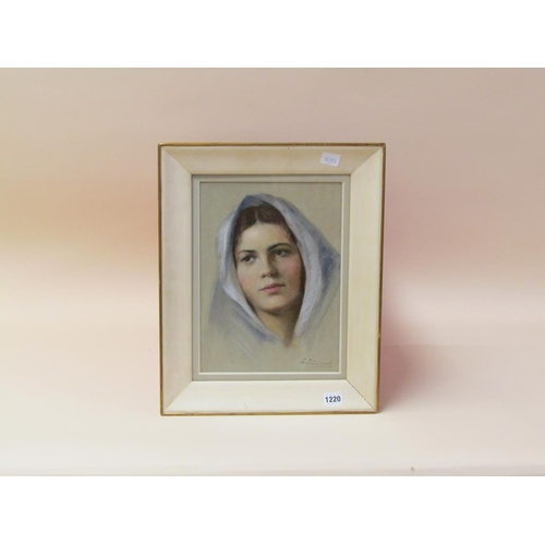 1220 - S LIEZARD - PORTRAIT OF A LADY WEARING A CLOAK, SIGNED WATERCOLOUR.  F/G 33 x 24 cms