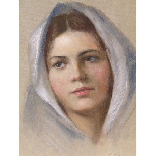 1220 - S LIEZARD - PORTRAIT OF A LADY WEARING A CLOAK, SIGNED WATERCOLOUR.  F/G 33 x 24 cms