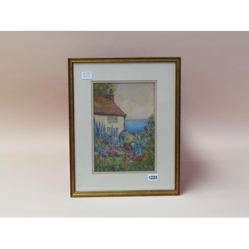 1223 - VILLIER COASTAL COTTAGE WITH GARDEN IN FOREGROUND, SIGNED WATERCOLOUR F/G 28 x 19cms