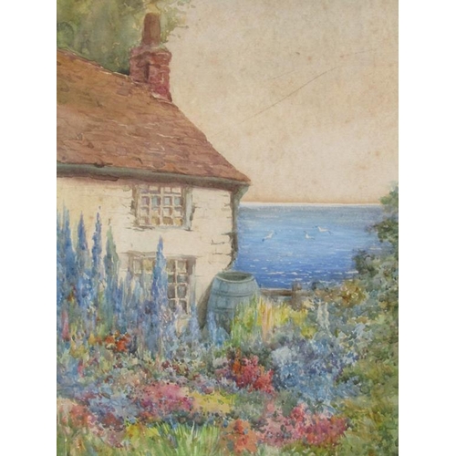 1223 - VILLIER COASTAL COTTAGE WITH GARDEN IN FOREGROUND, SIGNED WATERCOLOUR F/G 28 x 19cms