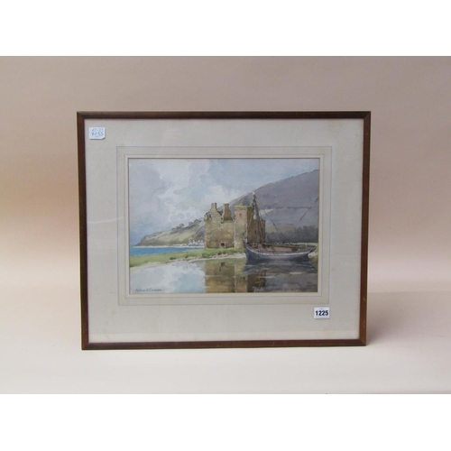 1225 - ARTHUR A COWAN - DERELICT HOME ON THE BORDERS OF A LOCH WITH BOAT, SIGNED WATERCOLOUR F/G 27 x 37