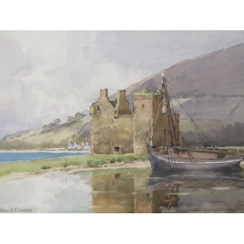 1225 - ARTHUR A COWAN - DERELICT HOME ON THE BORDERS OF A LOCH WITH BOAT, SIGNED WATERCOLOUR F/G 27 x 37