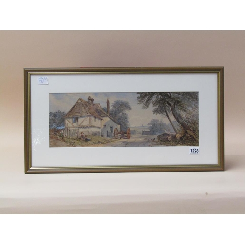 1228 - UNSIGNED 19c TWO FIGURES BY A COTTAGE WITH TIMBER WAGON WATERCOLOUR F/G 18 x 45 cms