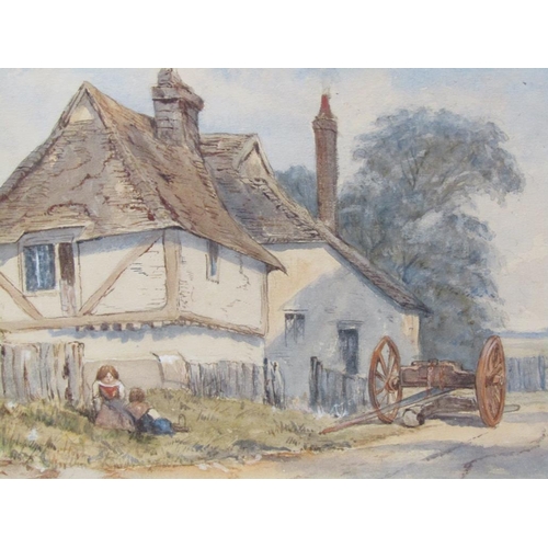 1228 - UNSIGNED 19c TWO FIGURES BY A COTTAGE WITH TIMBER WAGON WATERCOLOUR F/G 18 x 45 cms